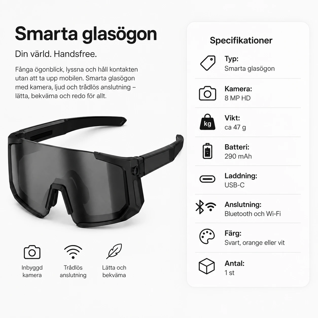 Smarta glasögon med kamera och Bluetooth