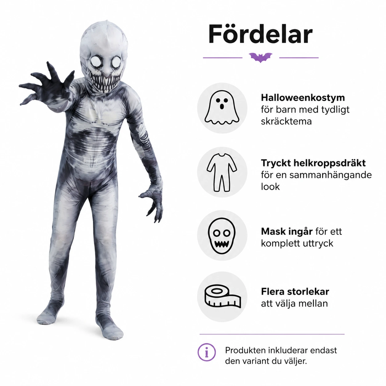 Halloweendräkt för barn med mask och jumpsuit