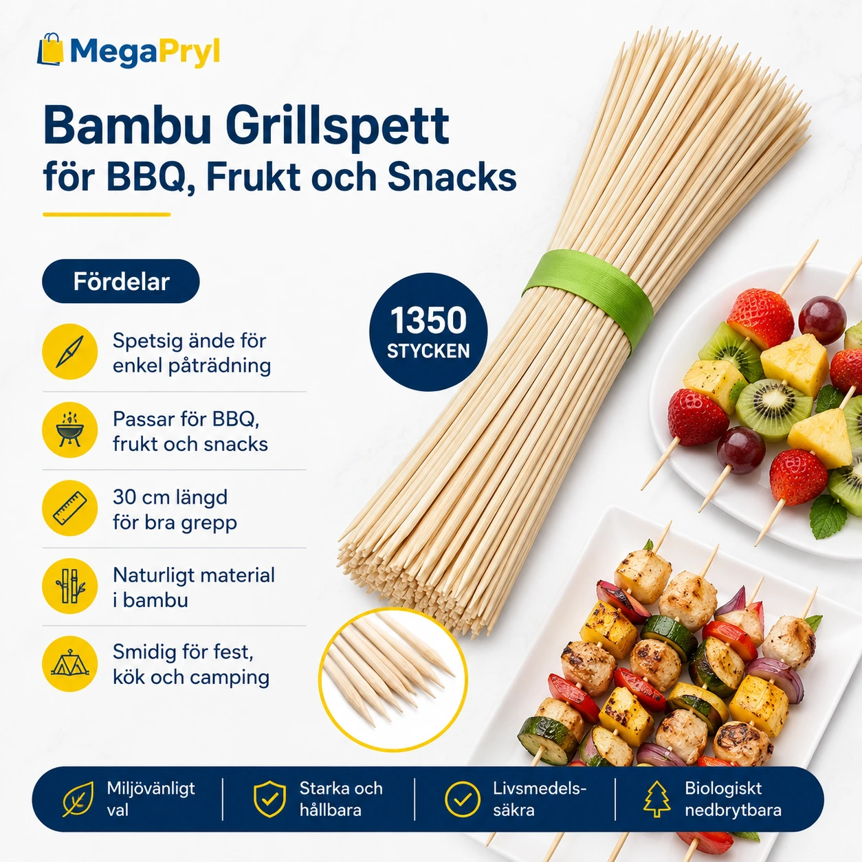 Bambu Grillspett för BBQ, Frukt och Snacks
