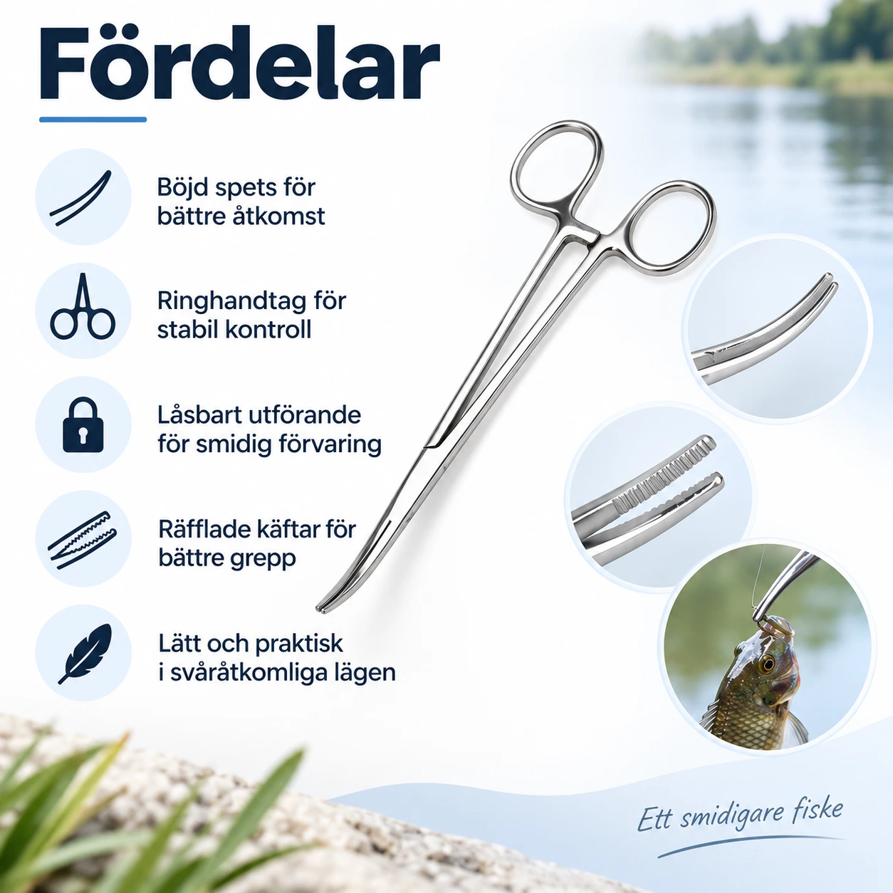 Krokborttagare för fiske i rostfritt stål med böjd spets