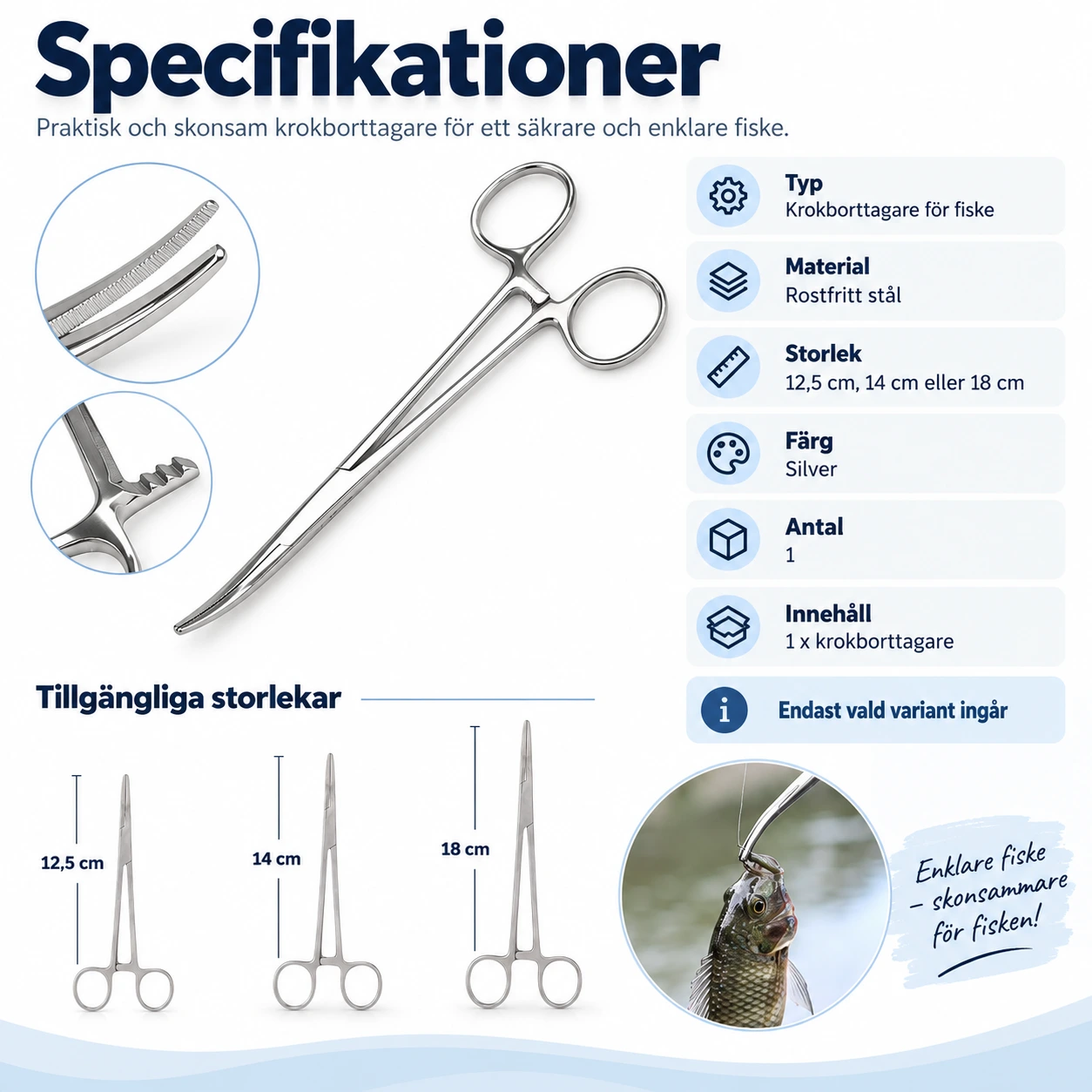 Krokborttagare för fiske i rostfritt stål med böjd spets
