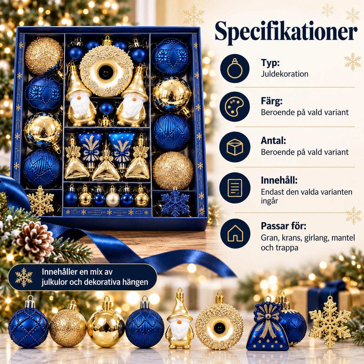 Julpyntset för gran och krans i blått och guld