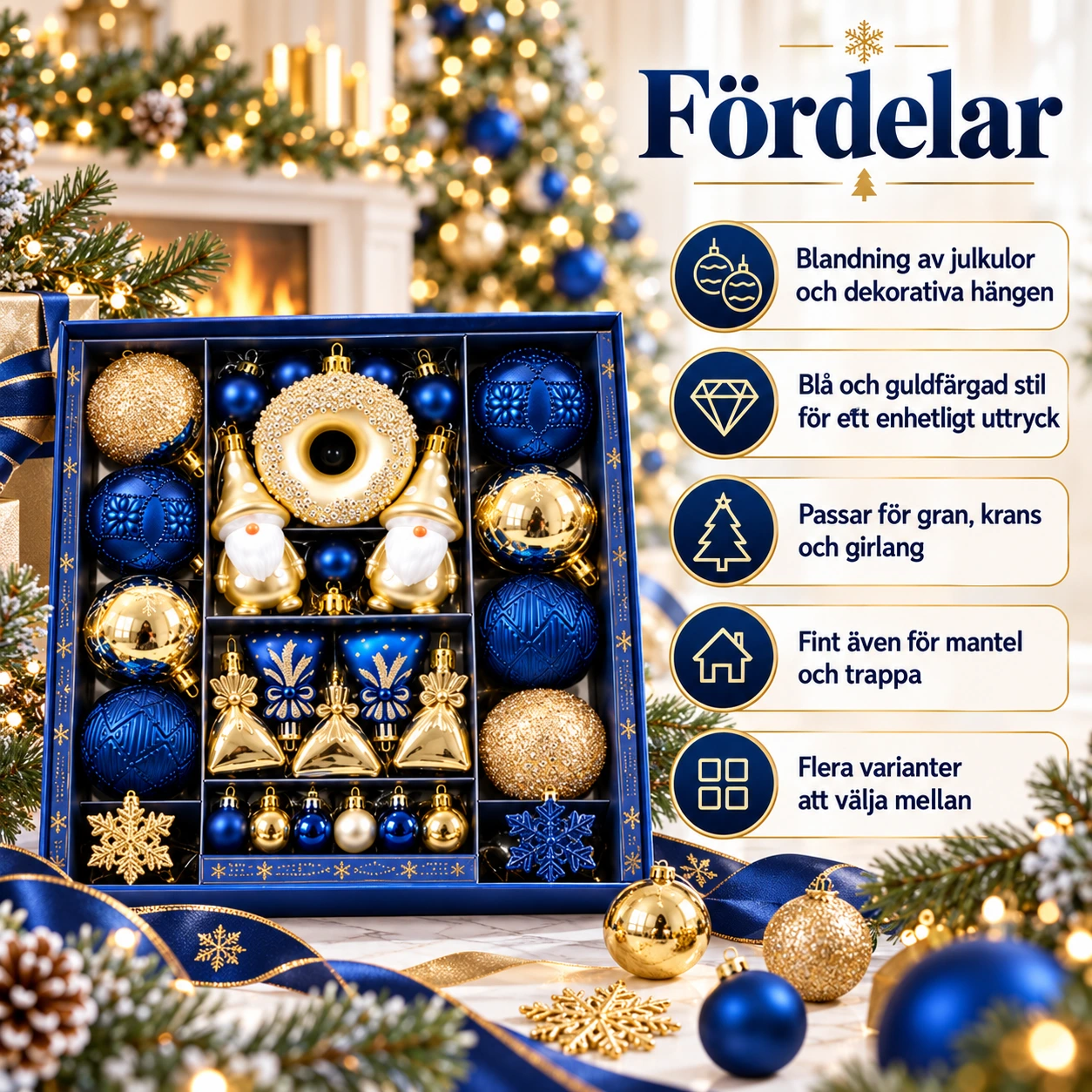 Julpyntset för gran och krans i blått och guld
