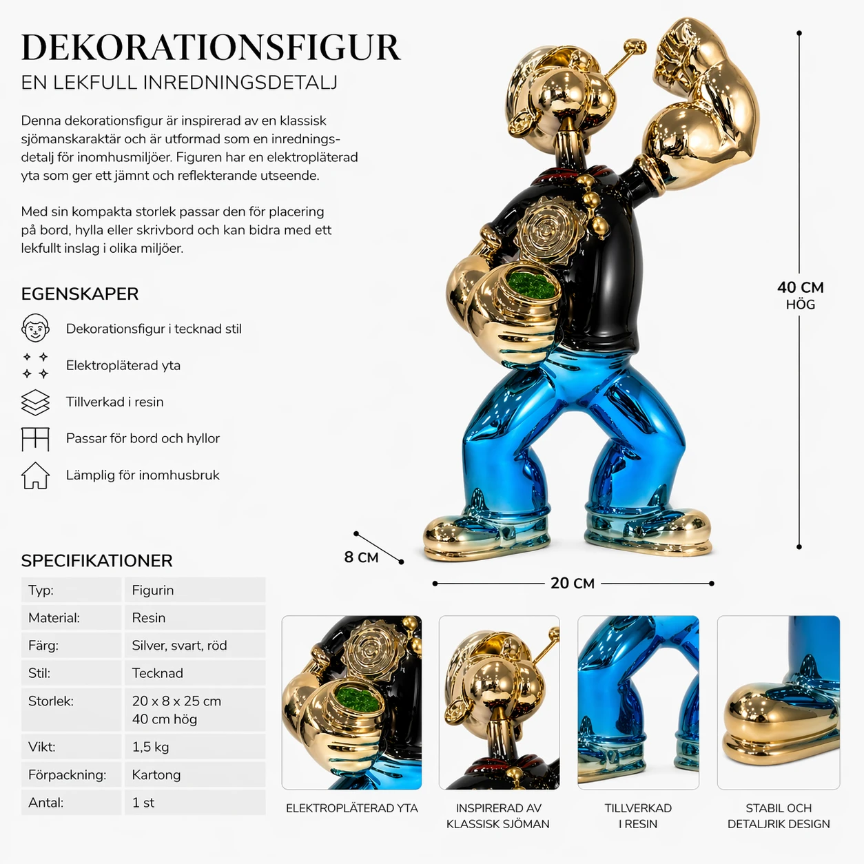 Sjömansfigur Dekoration - Tecknad Stil i Resin 40 cm