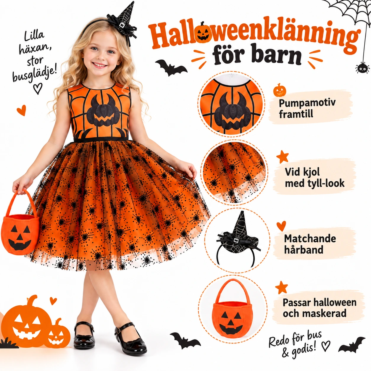 Klänning barn med pumpamotiv och tyllkjol, orange