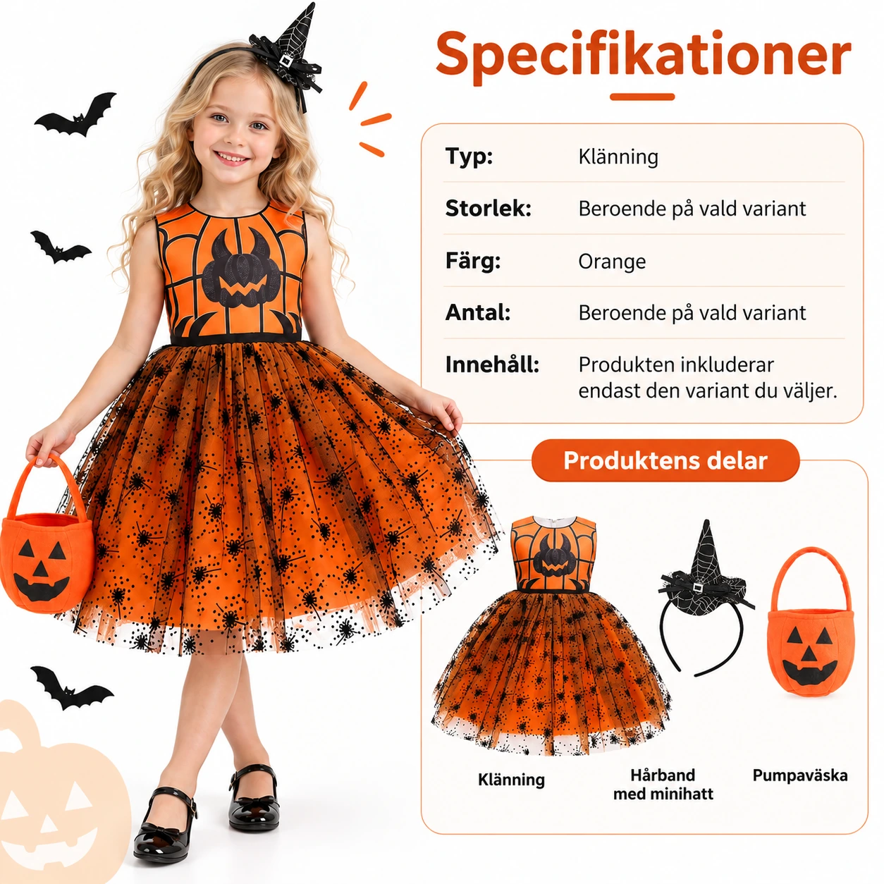 Klänning barn med pumpamotiv och tyllkjol, orange