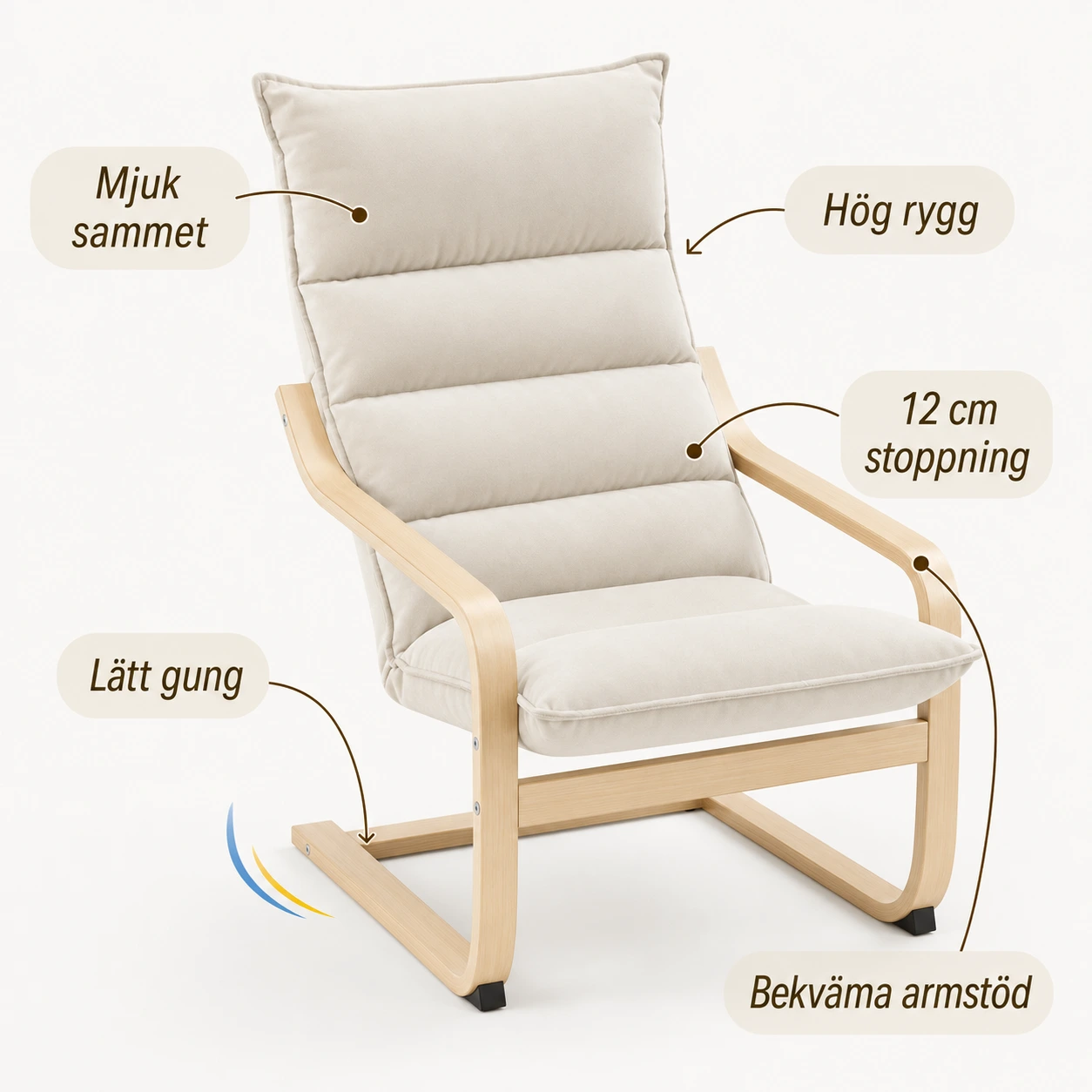 Fåtölj i Sammet Creme med Hög Rygg och Armstöd