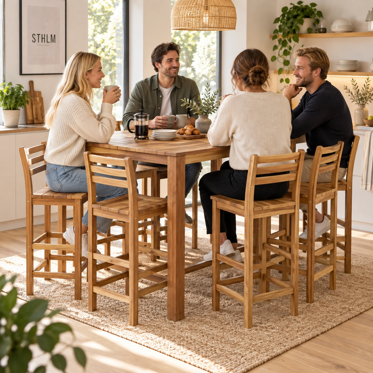 Massiivipuinen baarikalustesarja pöydällä ja tuoleilla