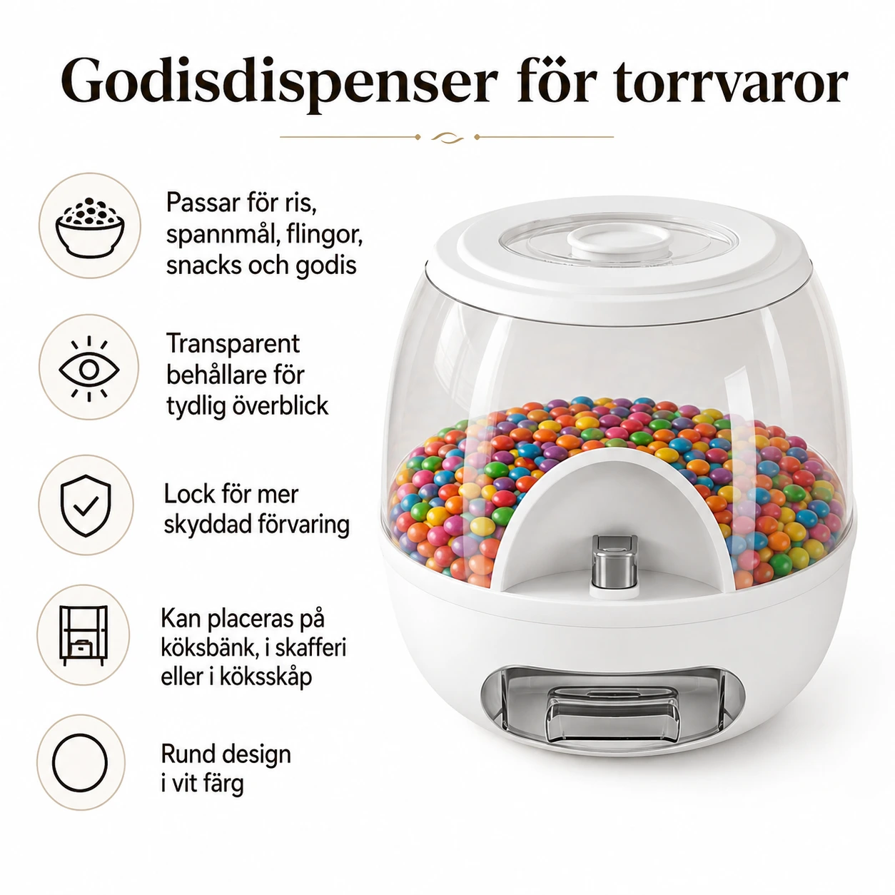 Godisdispenser för torrvaror med lock och transparent behållare