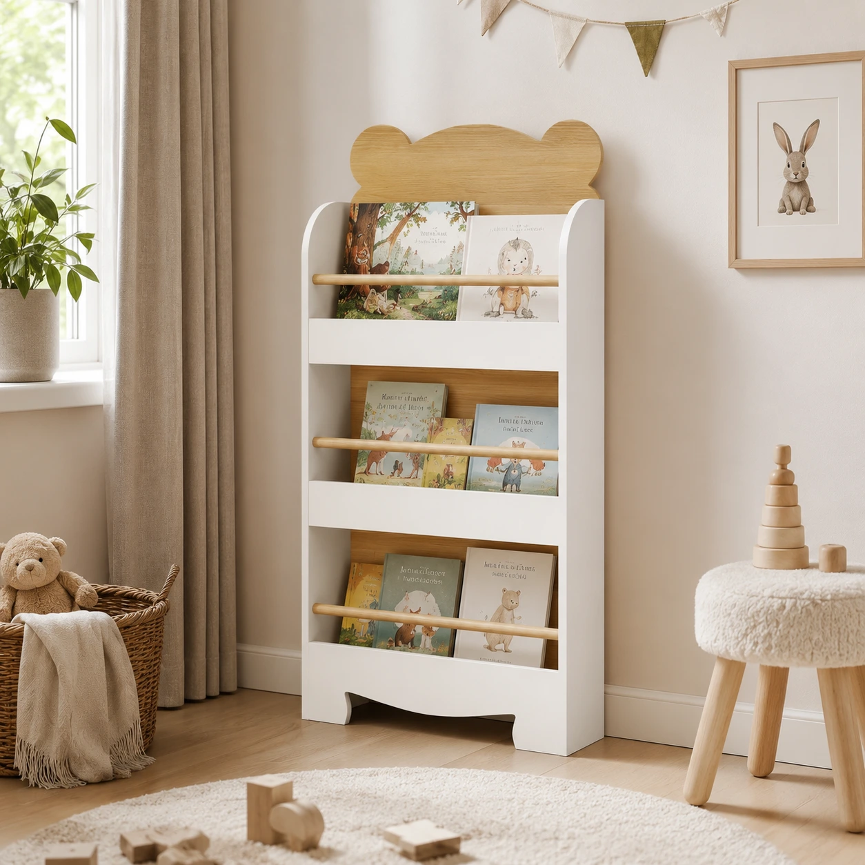 Barnbokhylla med 3 fack och smal design