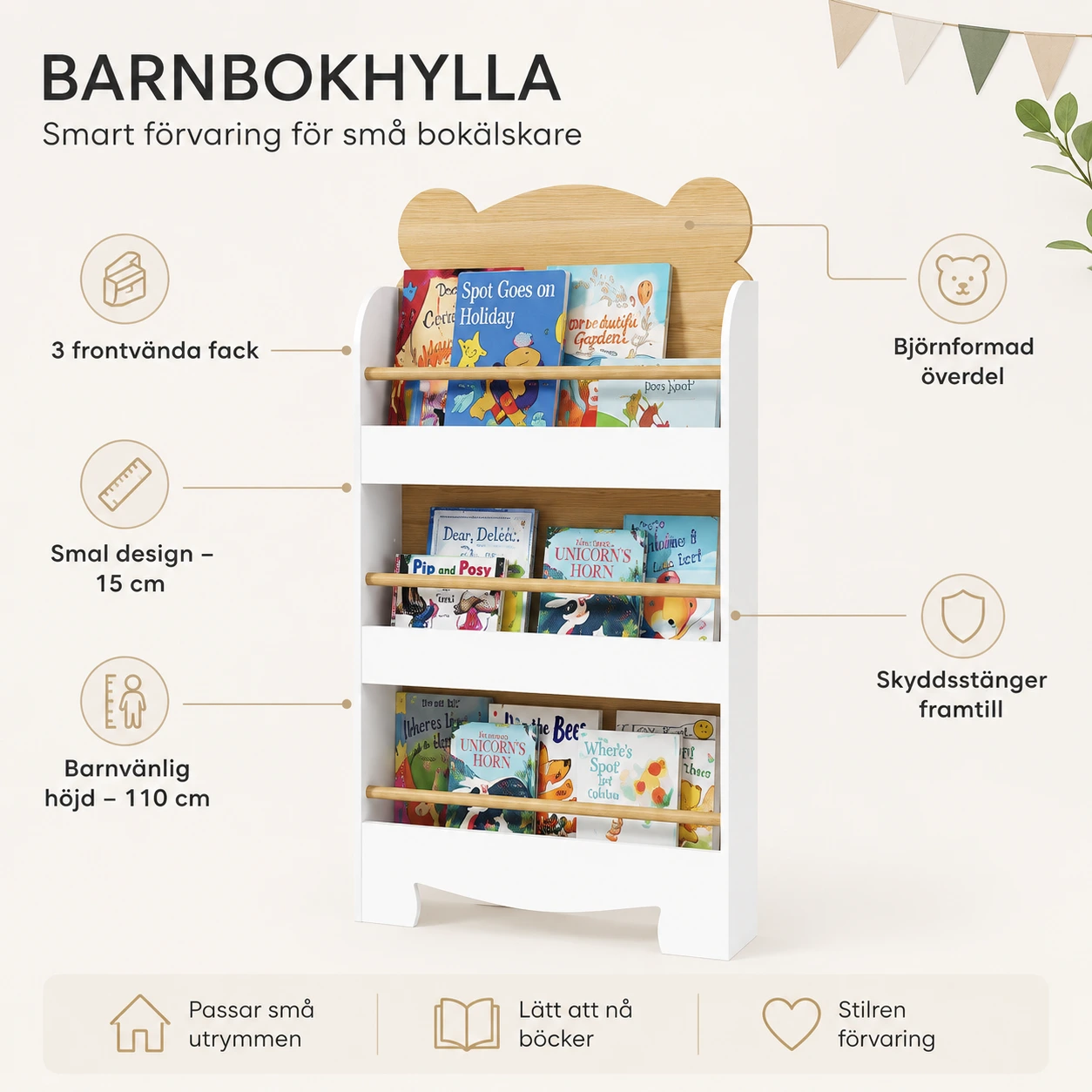 Barnbokhylla med 3 fack och smal design