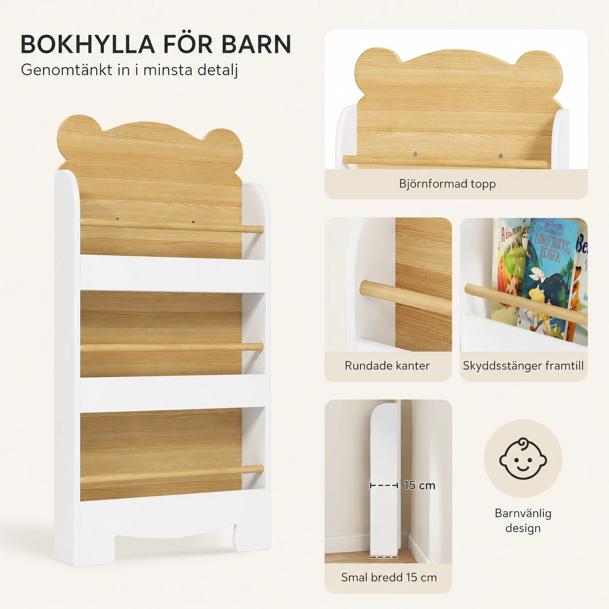 Barnbokhylla med 3 fack och smal design