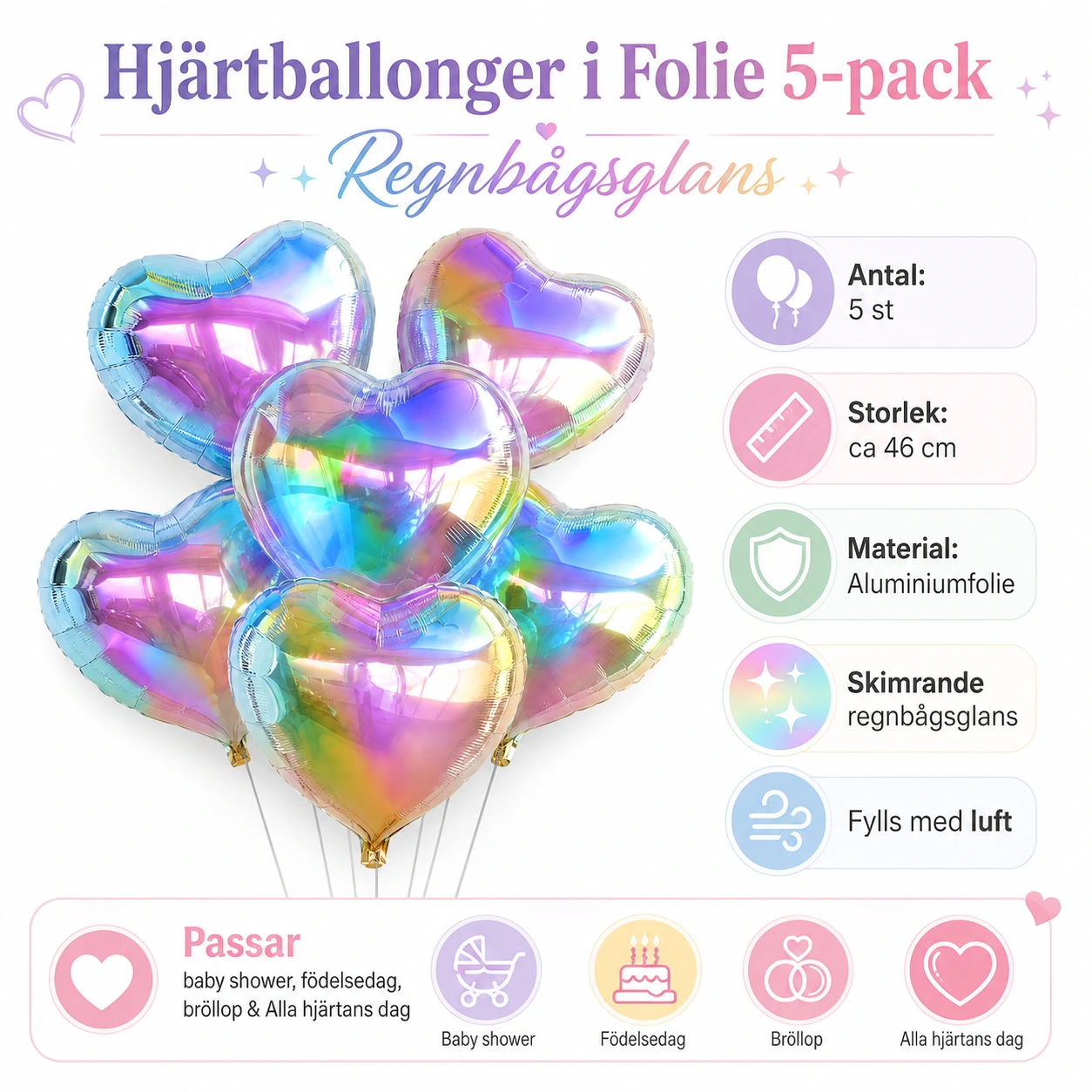Hjärtballonger i Folie 5-pack – Regnbågsglans
