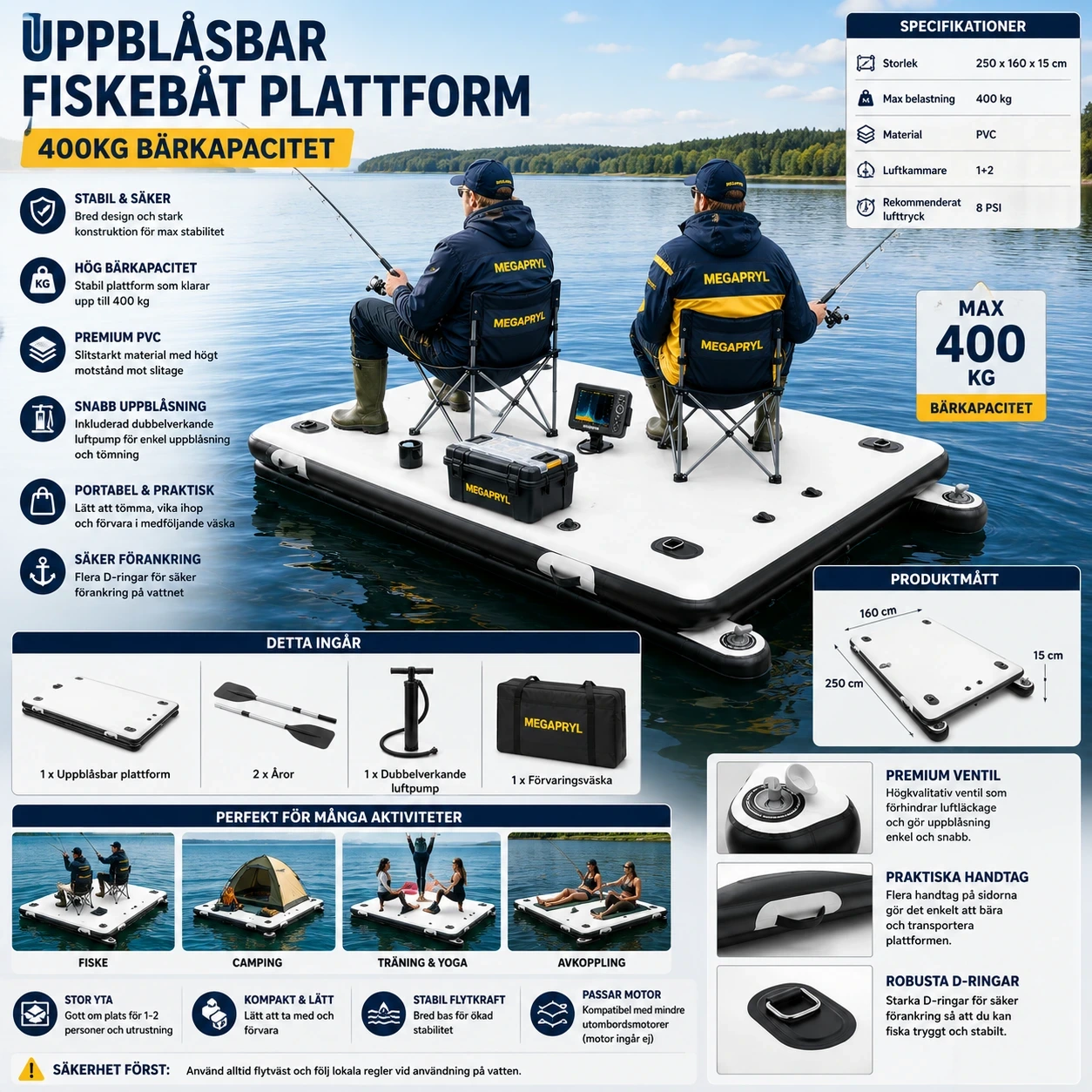 Uppblåsbar Fiskebåt Plattform – 400KG Bärkapacitet