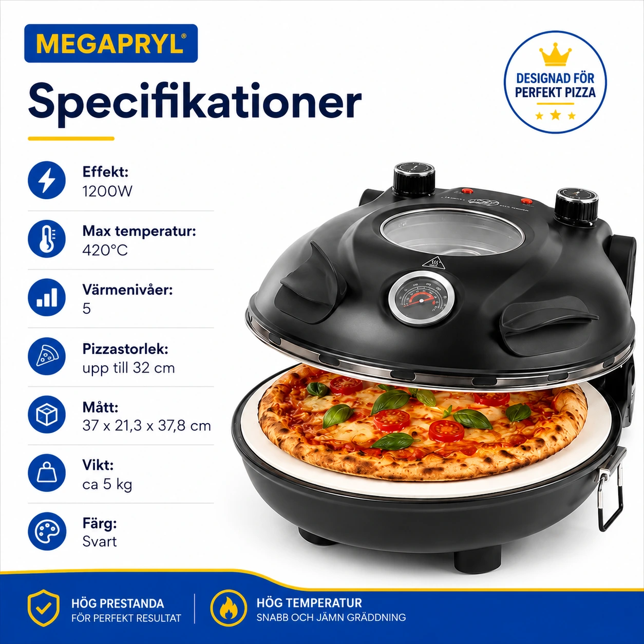 Elektrisk Pizzaugn med Pizzasten och 5 Värmenivåer