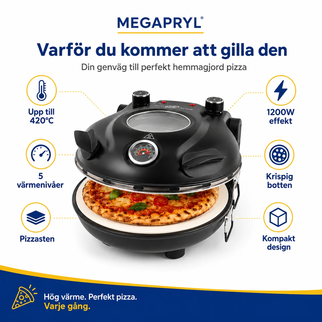 Elektrisk Pizzaugn med Pizzasten och 5 Värmenivåer