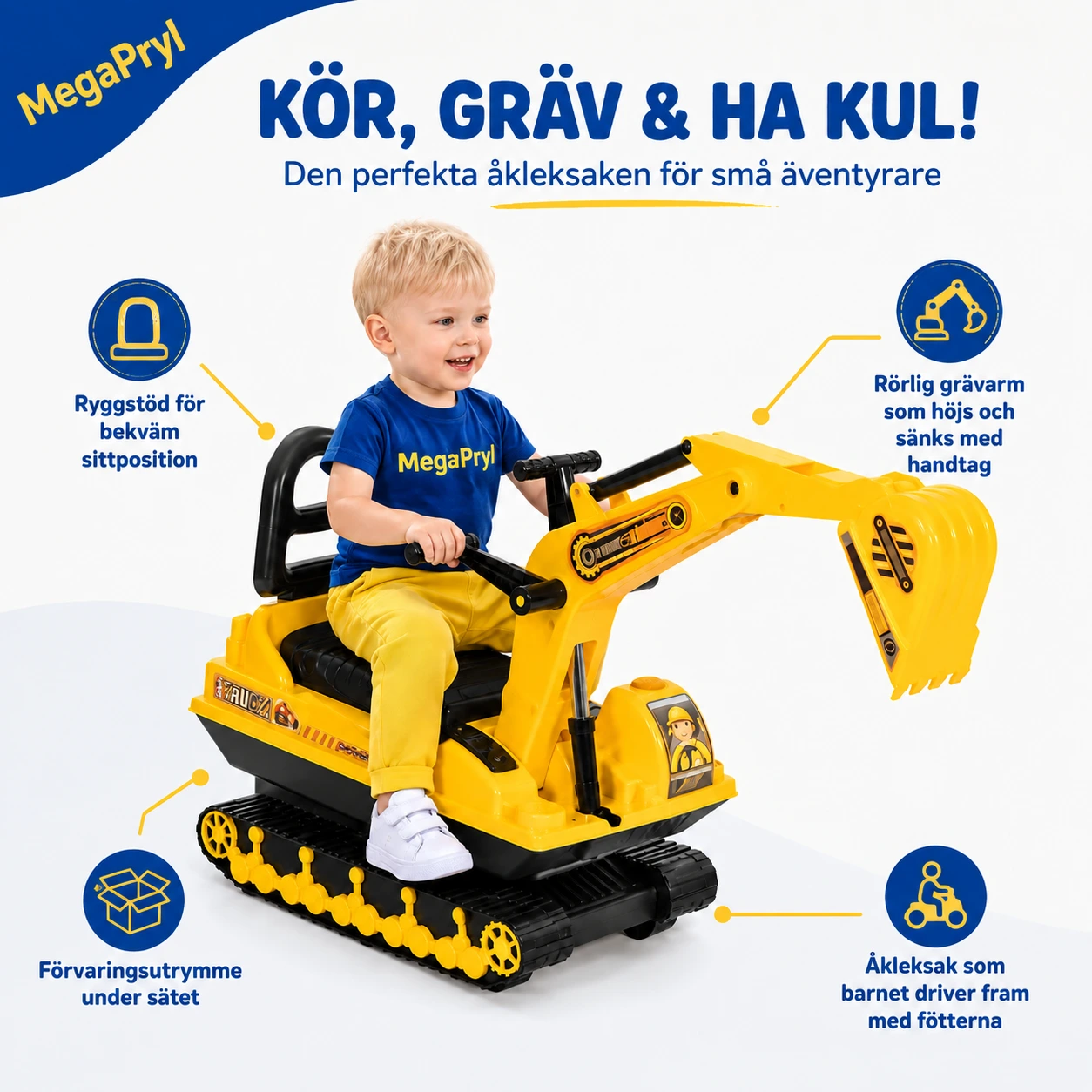 Åkleksak grävmaskin för barn med rörlig arm och förvaring