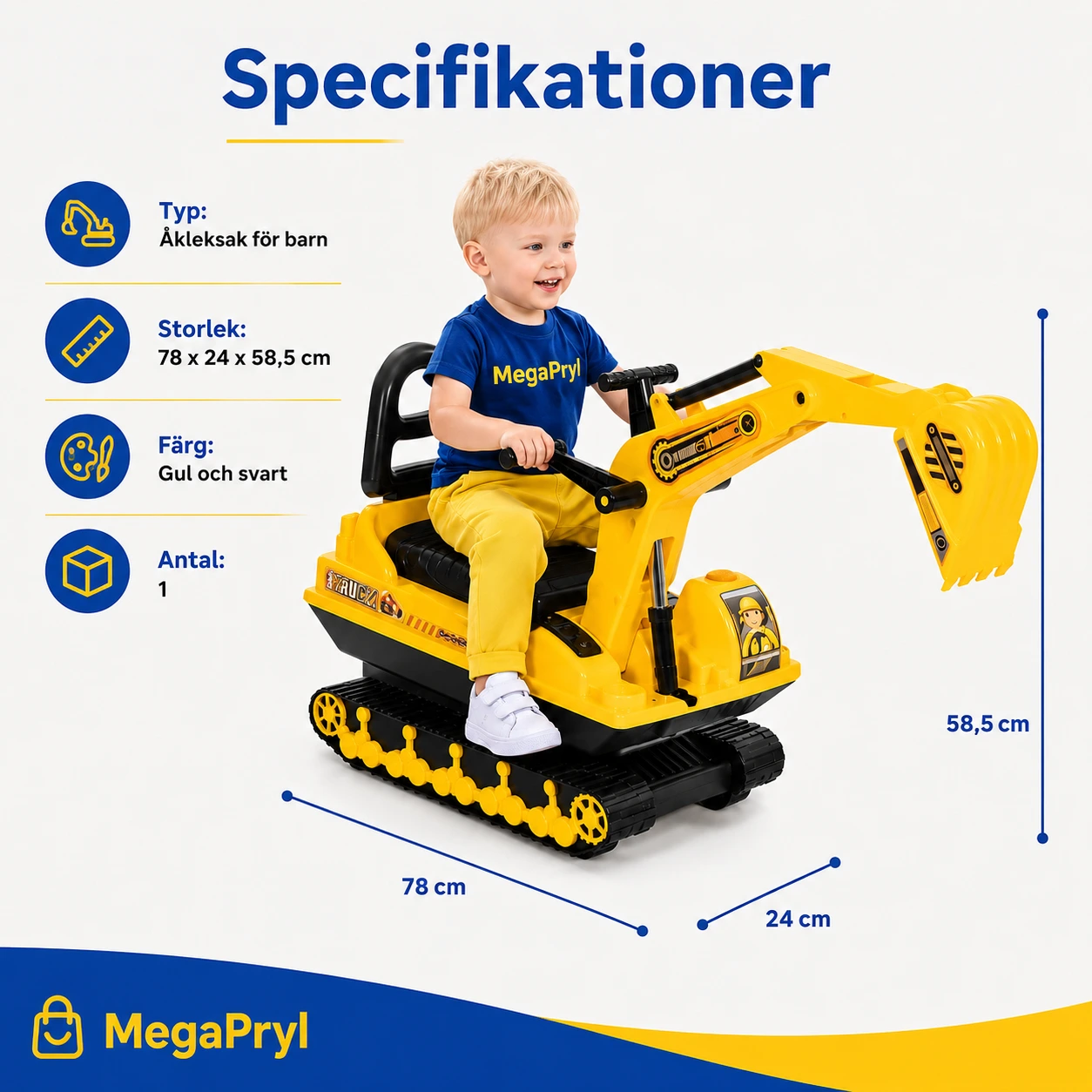 Åkleksak grävmaskin för barn med rörlig arm och förvaring