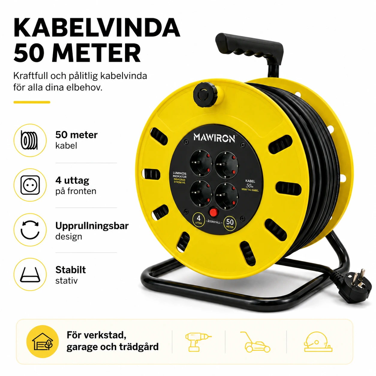 Kabelvinda 50 m för verkstad, garage och trädgård