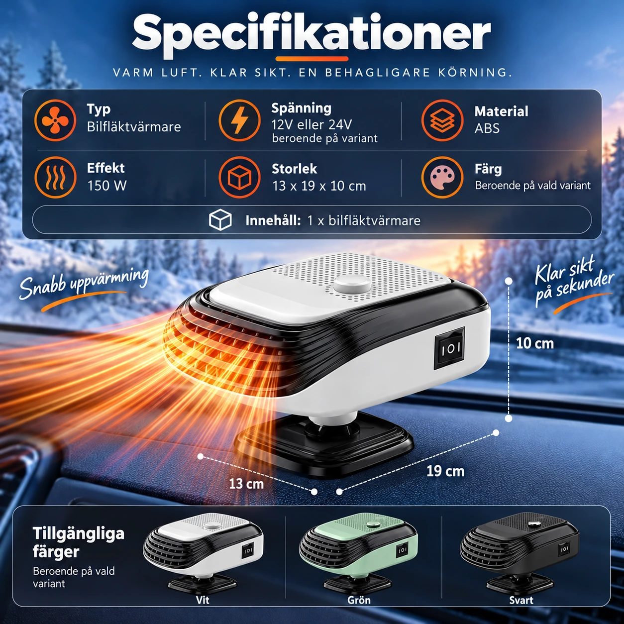 Bilfläktvärmare för 12V och 24V med 360° rotation