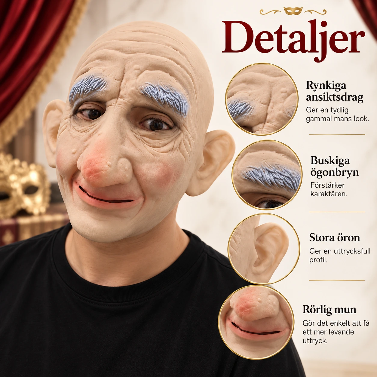 Mask gammal man i latex med rörlig mun, unisex