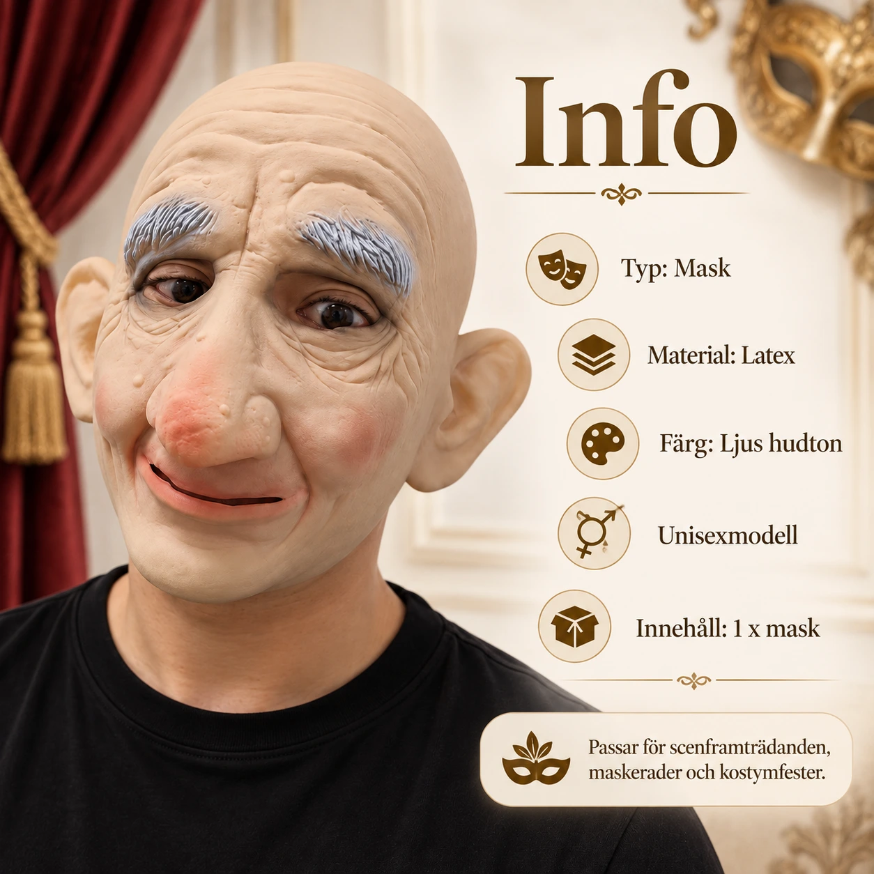 Mask gammal man i latex med rörlig mun, unisex