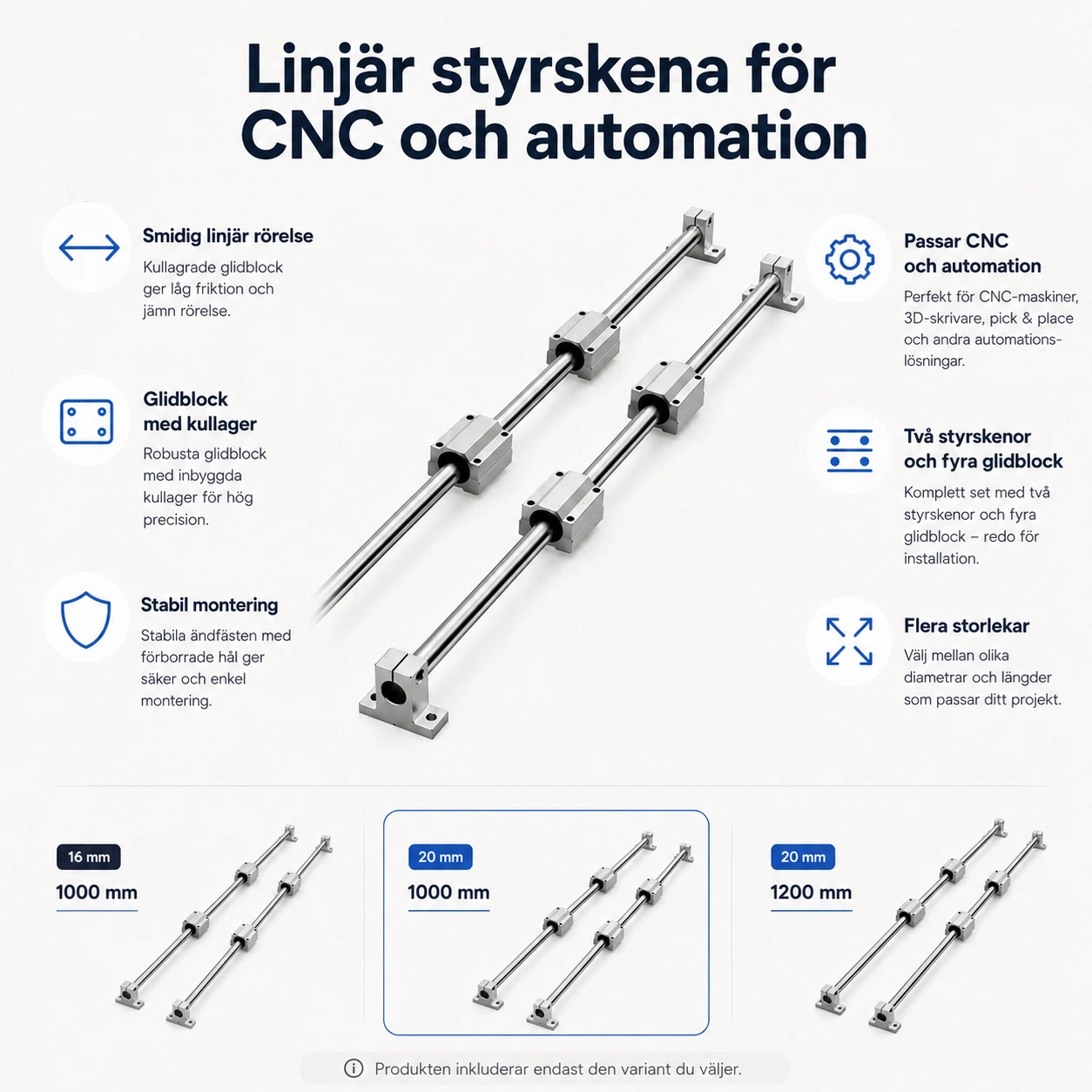 Linjär styrskena för CNC och automation med glidblock