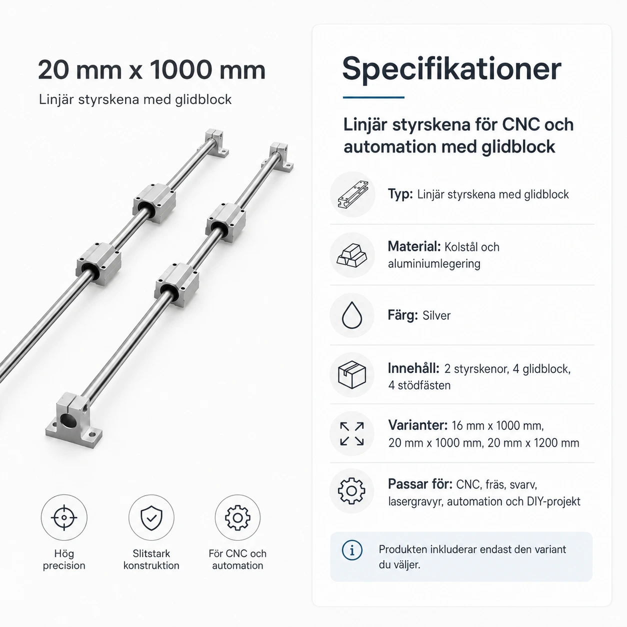 Linjär styrskena för CNC och automation med glidblock