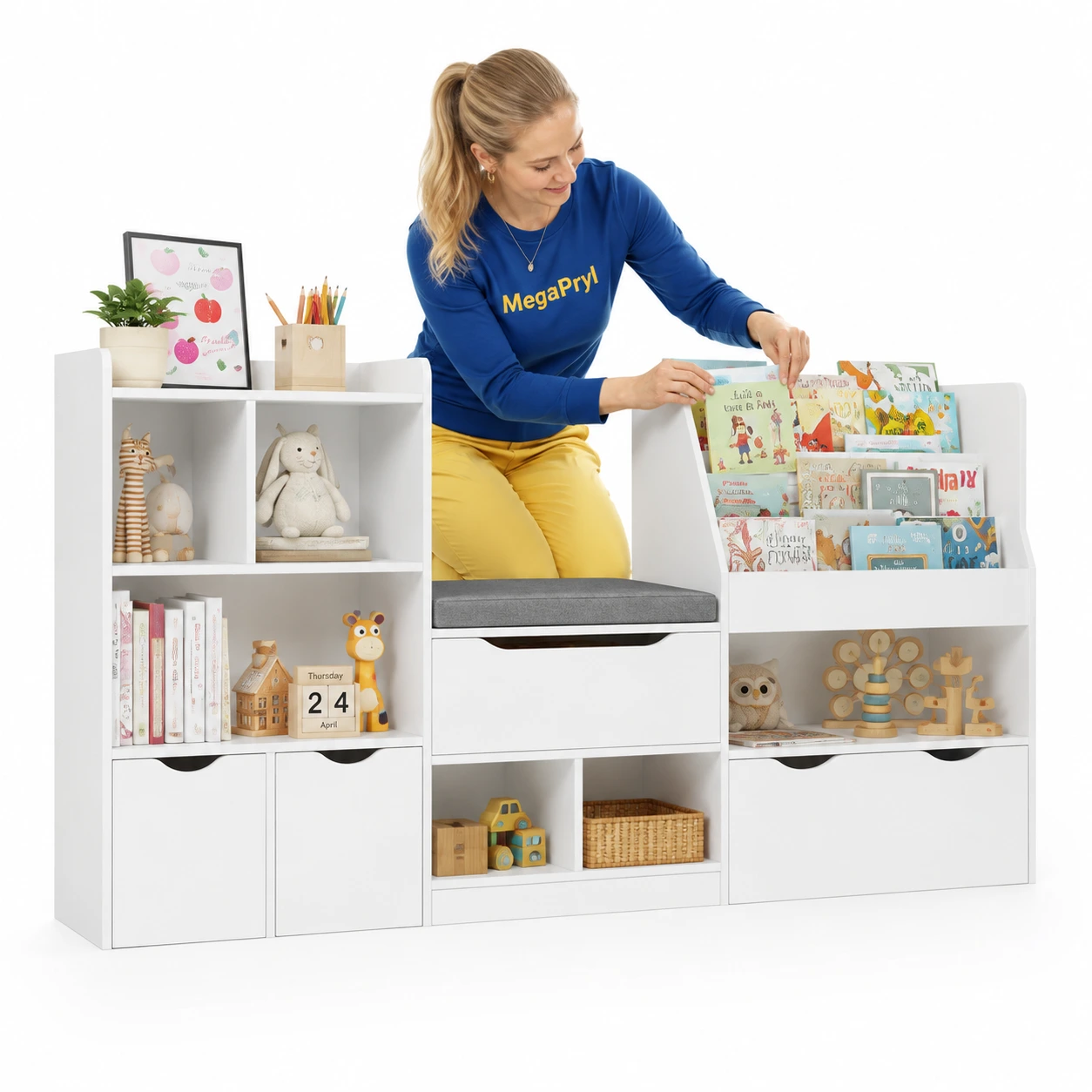 Barnbokhylla med förvaring och sittbänk 183,5 cm