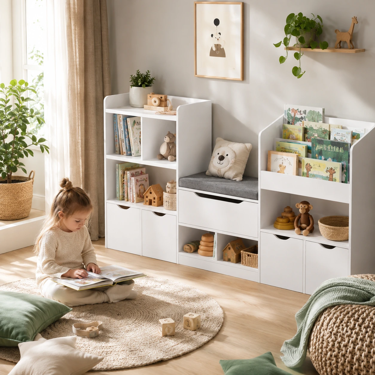 Barnbokhylla med förvaring och sittbänk 183,5 cm