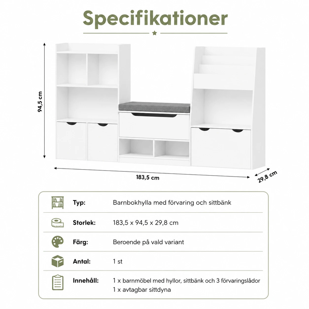 Barnbokhylla med förvaring och sittbänk 183,5 cm