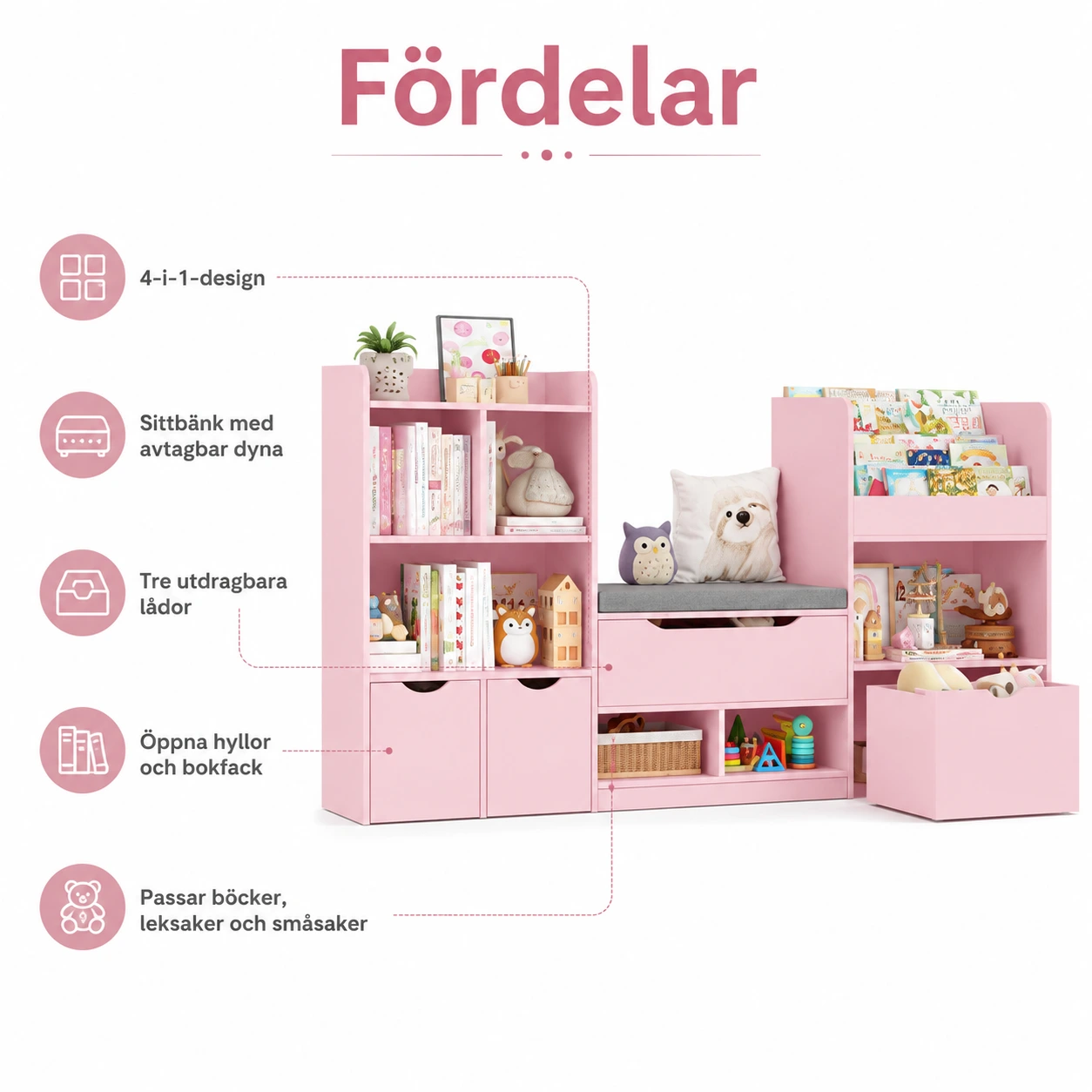 Barnbokhylla med förvaring och sittbänk 183,5 cm