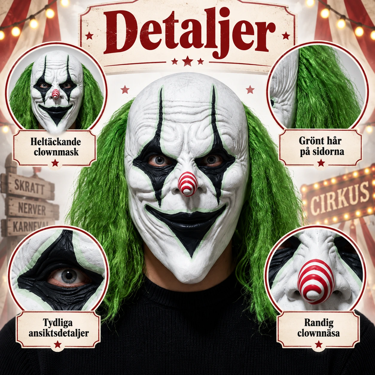 Clownmask i latex med grönt hår