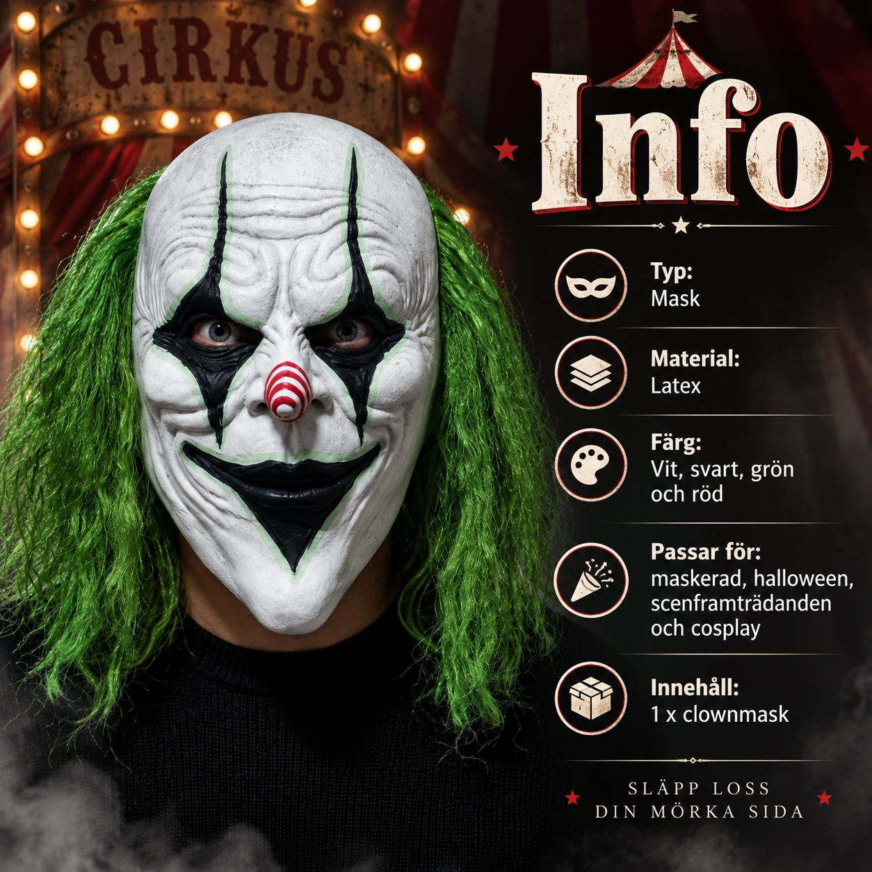 Clownmask i latex med grönt hår