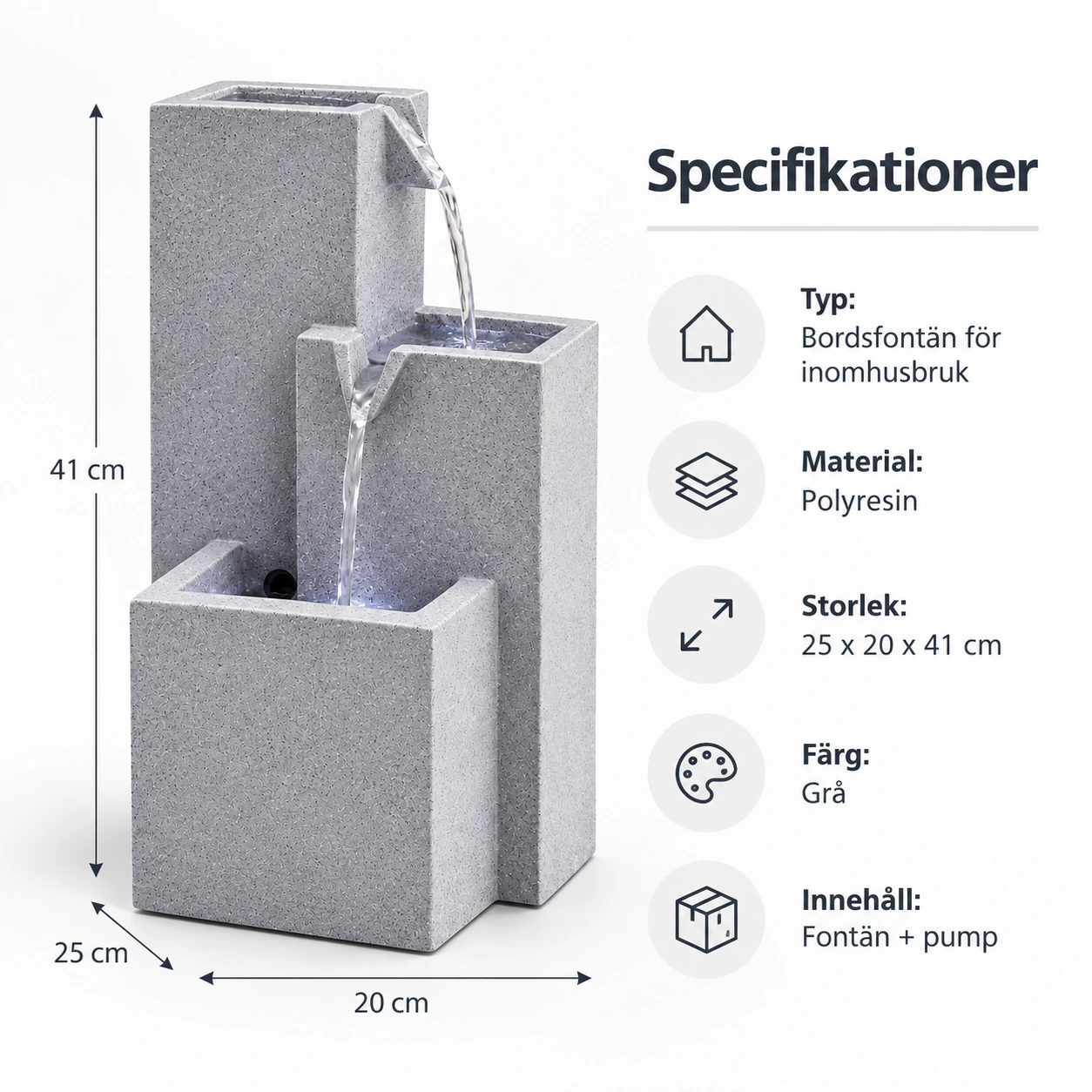 Bordsfontän för inomhusbruk med LED och 3 nivåer