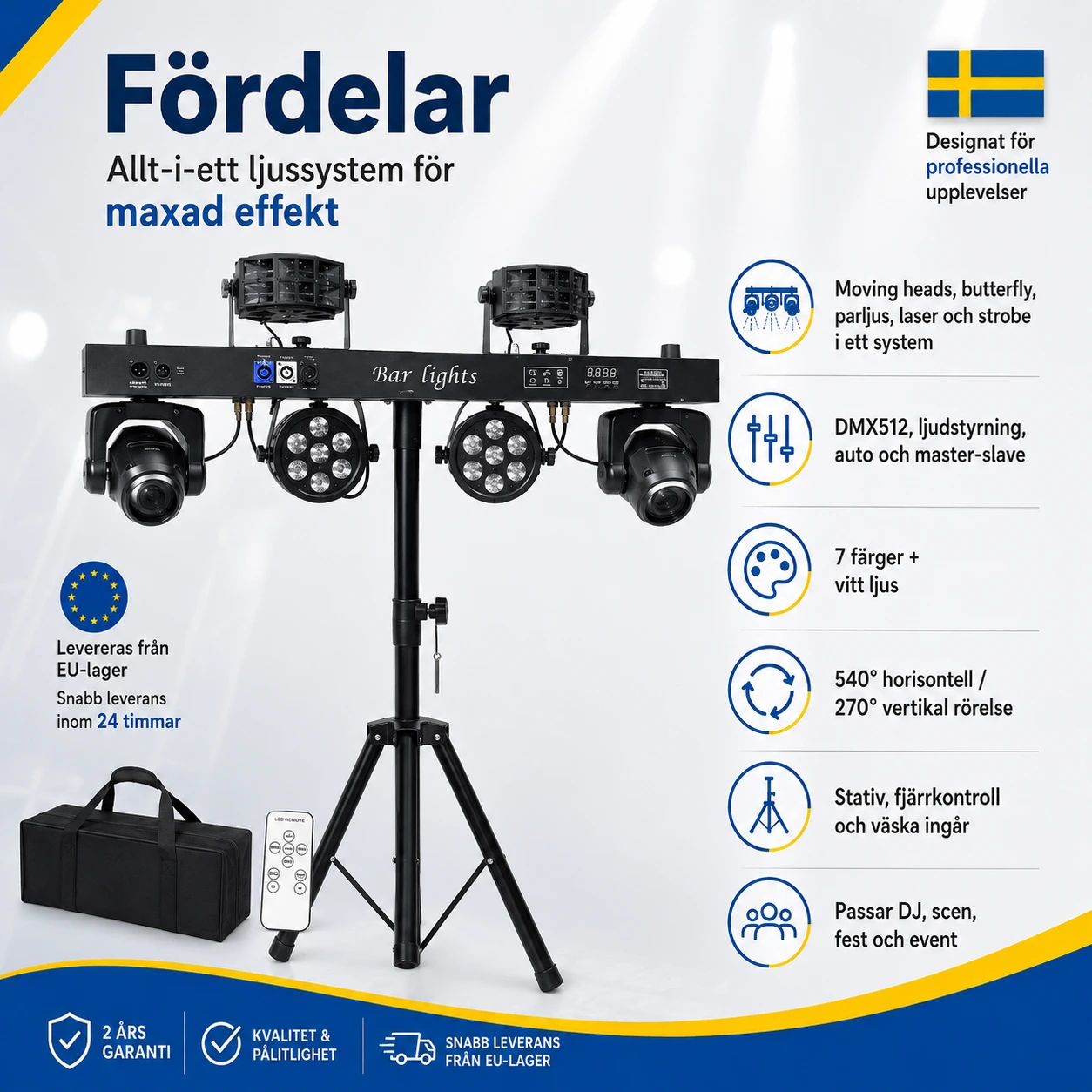 Ljusramp för scen och DJ med moving heads, laser, strobe och stativ