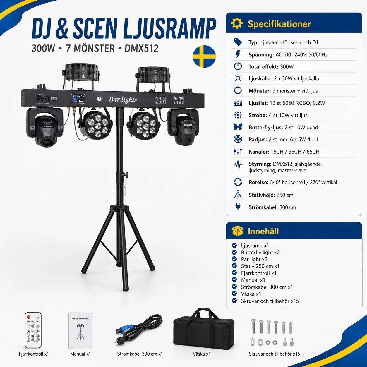 Ljusramp för scen och DJ med moving heads, laser, strobe och stativ