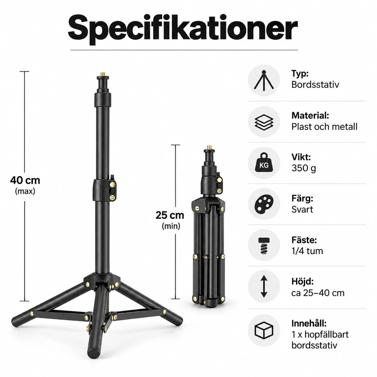 Bordsstativ för kamera och belysning, hopfällbart