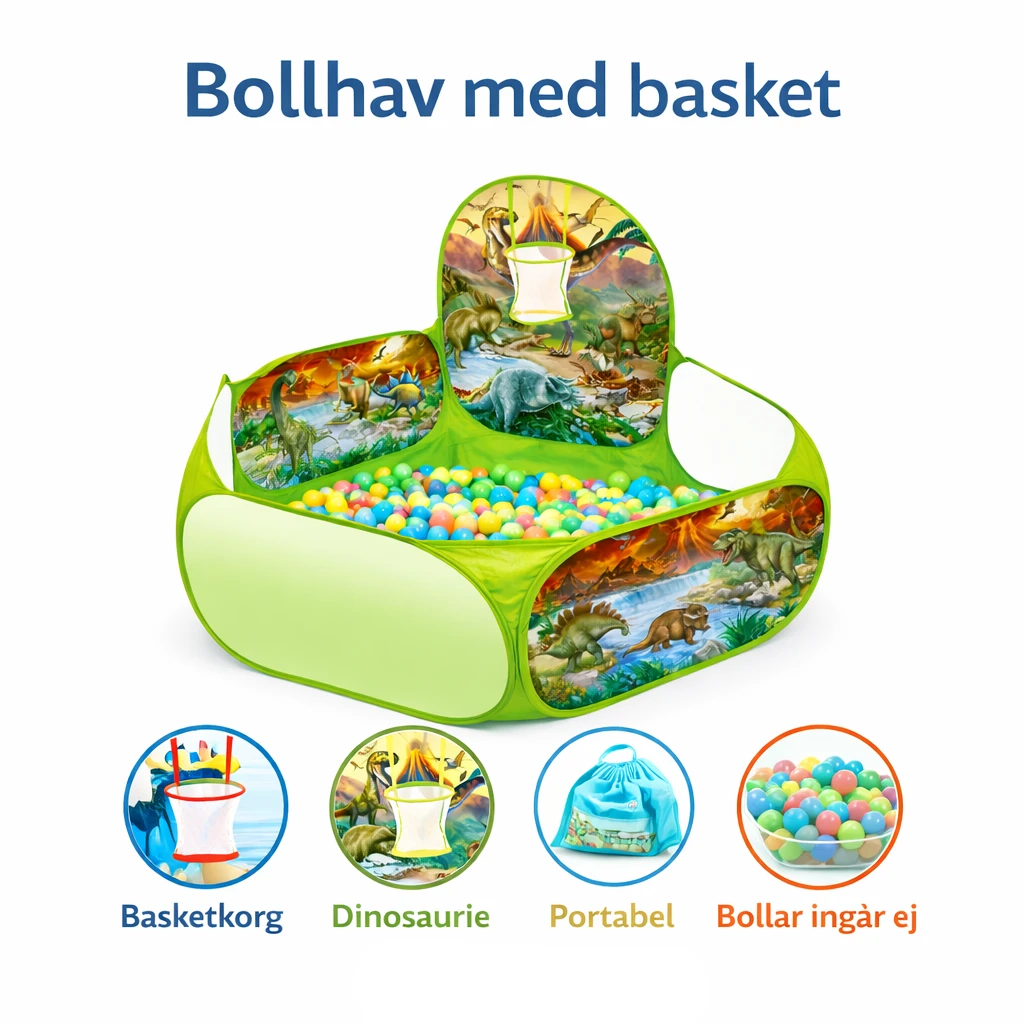 Bollhav med basket – lekpool i grön dinosaurie-design