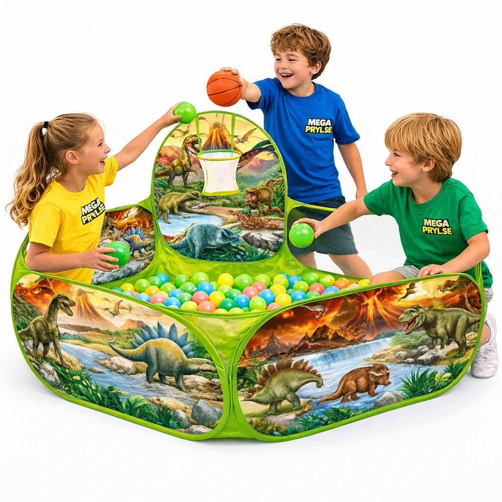 Bollhav med basket – lekpool i grön dinosaurie-design