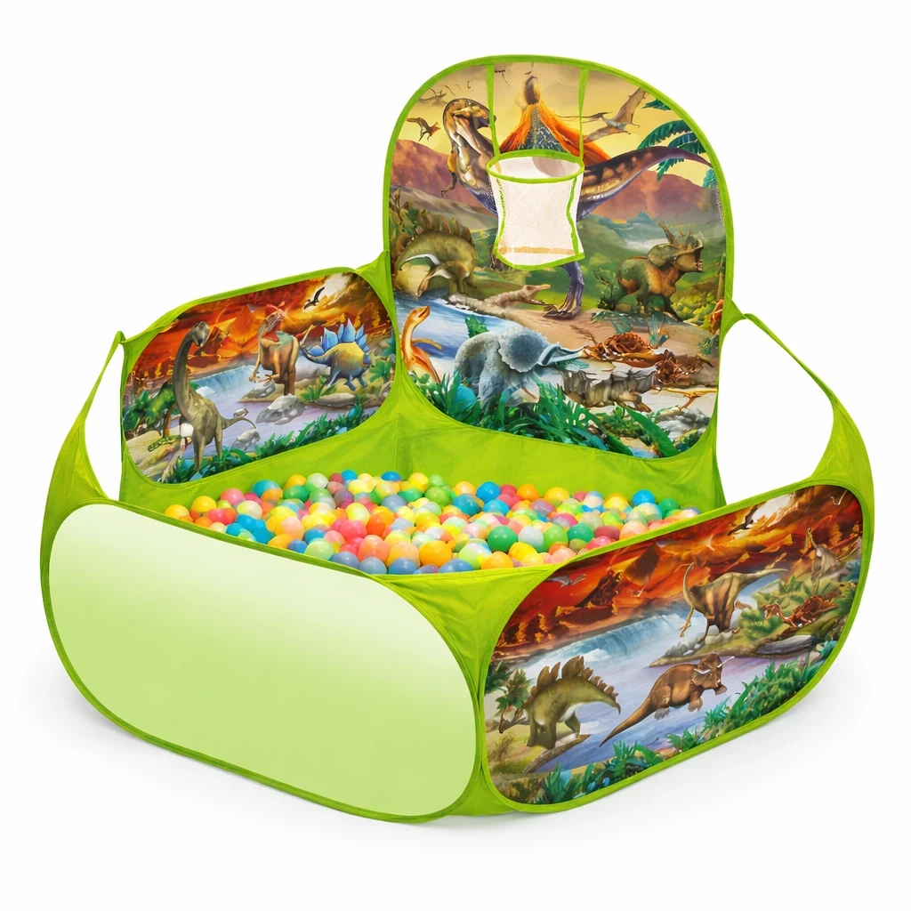 Bollhav med basket – lekpool i grön dinosaurie-design