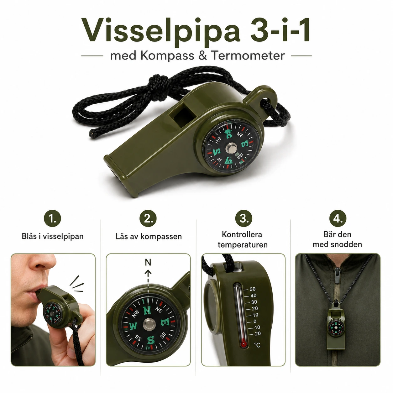 Visselpipa 3-i-1 med Kompass & Termometer