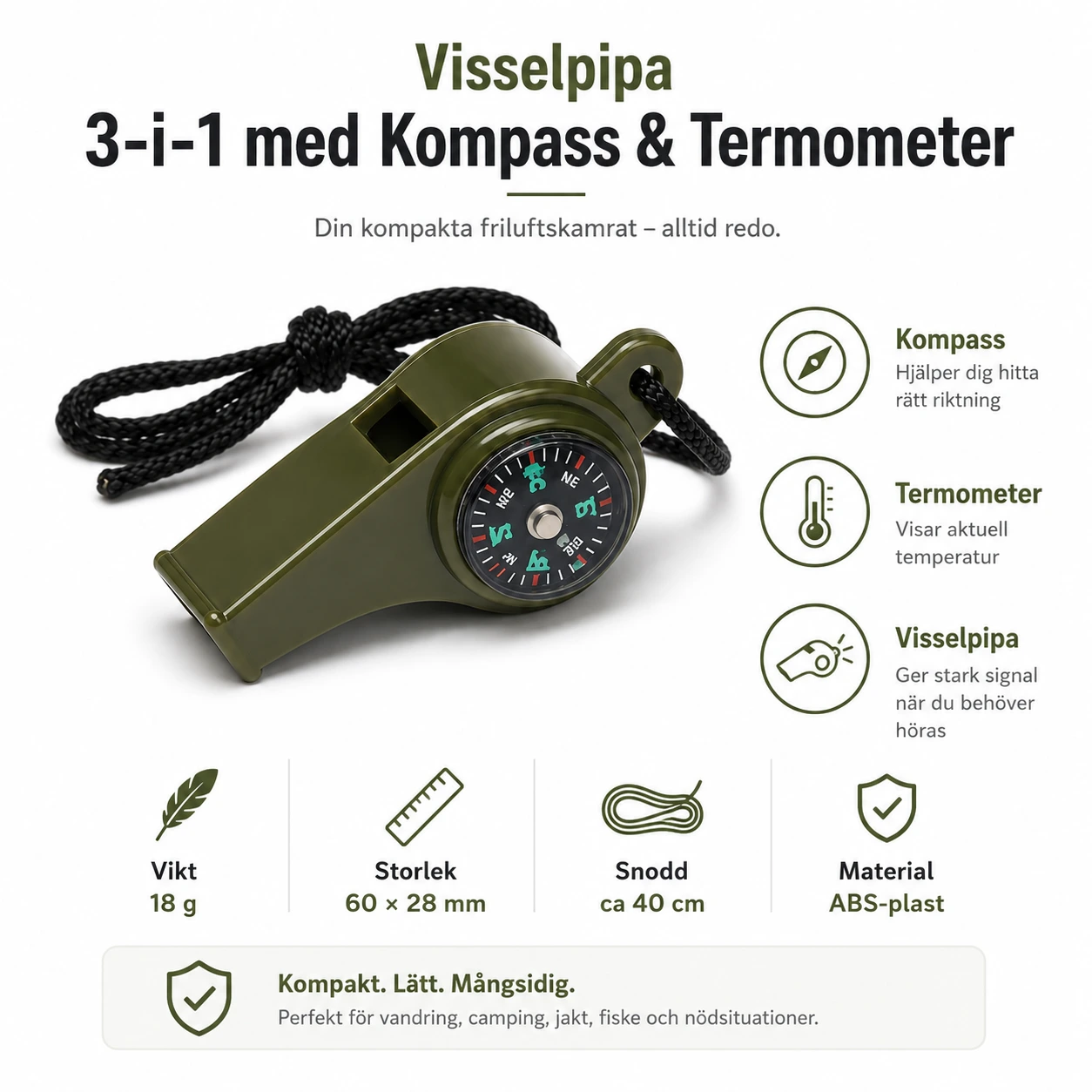 Visselpipa 3-i-1 med Kompass & Termometer