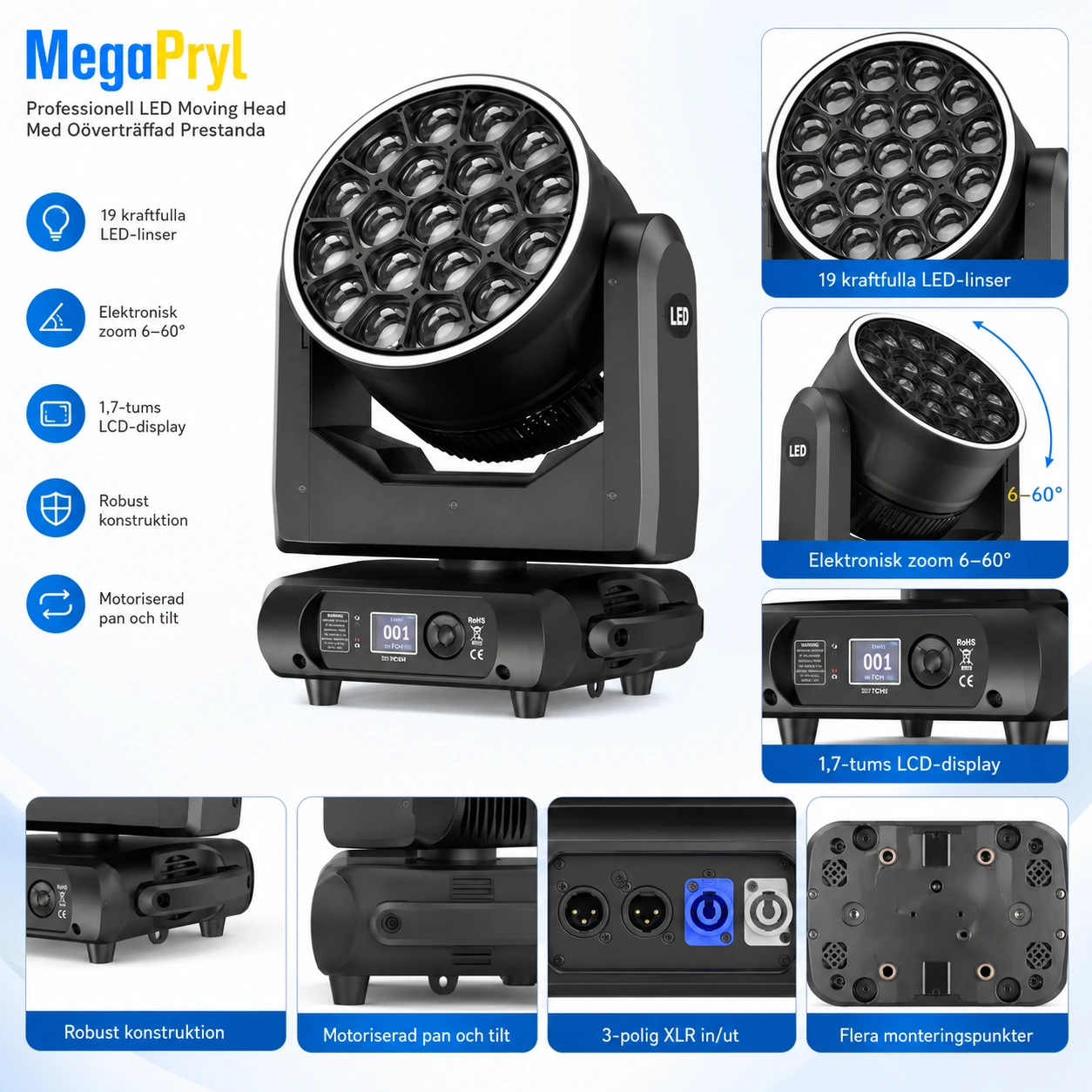 LED moving head scenlampa med zoom och DMX-styrning