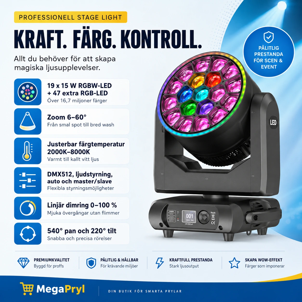 LED moving head scenlampa med zoom och DMX-styrning