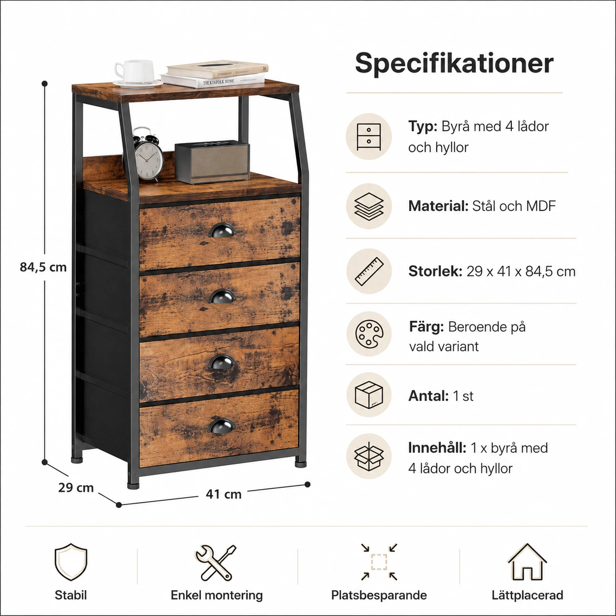 Byrå med 4 lådor och hyllor för sovrum och hall