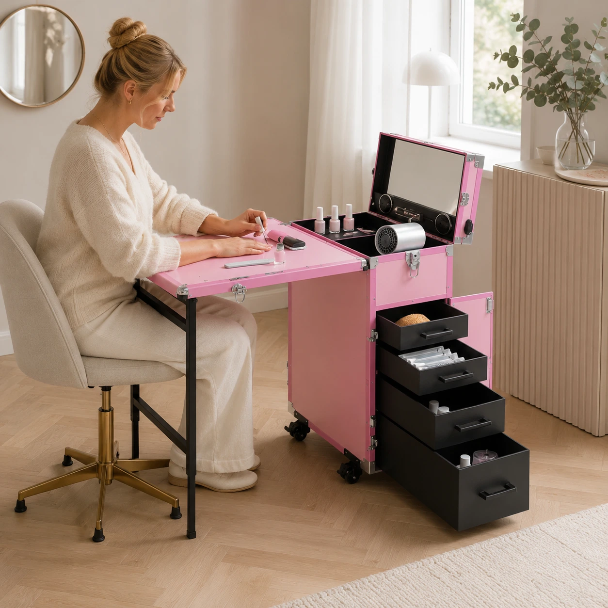 Manikyrbord Rullande med Spegel, Bluetooth och 4 Lådor