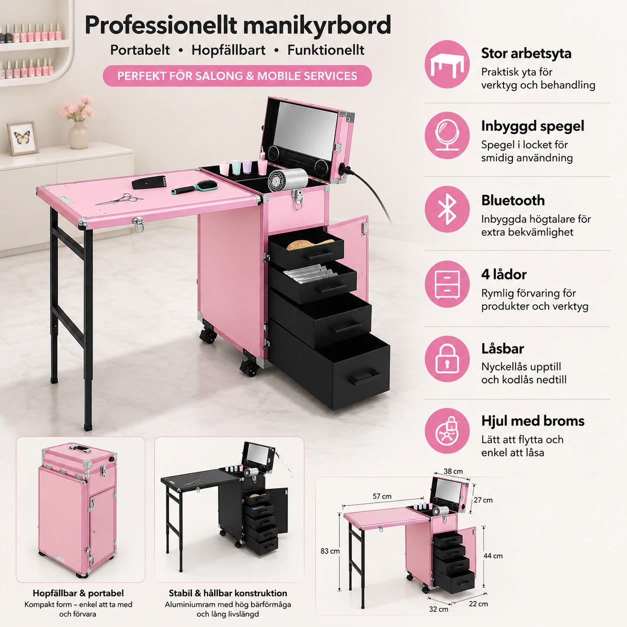 Manikyrbord Rullande med Spegel, Bluetooth och 4 Lådor