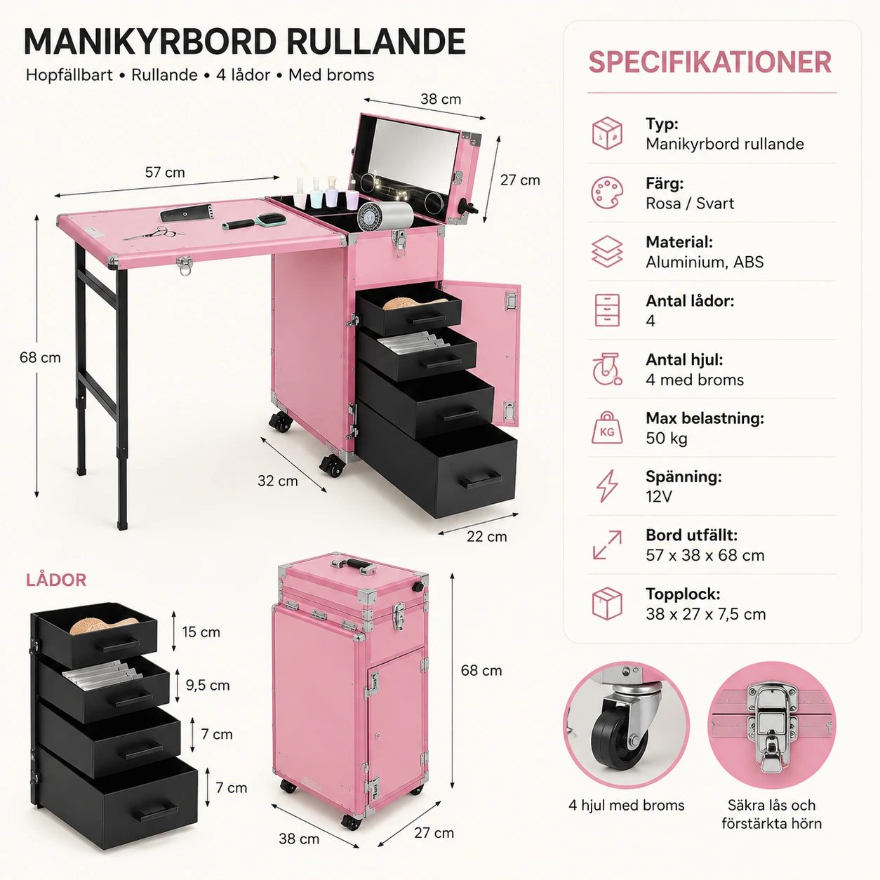 Manikyrbord Rullande med Spegel, Bluetooth och 4 Lådor