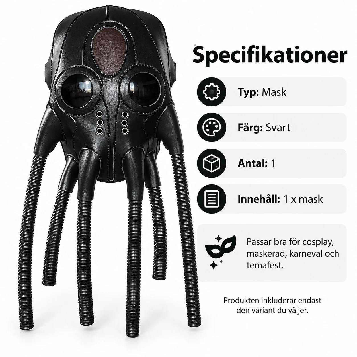 Svart Läder-Look Bläckfisk Helmask med Tentakelslangar